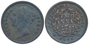 Victoria Queen, Silver 2 Annas, 1841, divided legend, Madras Mint, S incuse WW raised, 9 B