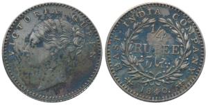 Victoria Queen, Silver ¼ Rupee, 1840, continuous legend, Calcutta Mint, English Head, 20 B