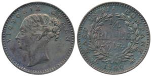 Victoria Queen, Silver ¼ Rupee, 1840, continuous legend, Bombay Mint, English Head, 20 Ber