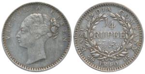 Victoria Queen, Silver ¼ Rupee, 1840, continuous legend, Bombay Mint, English Head, 20 Ber