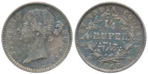 Victoria Queen, Silver ¼ Rupee, 1840, divided legend, Calcutta / Bombay Mint, WW raised, 1