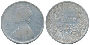 Victoria Queen, Silver ½ Rupee, 1862, Calcutta Mint, A / I, (Prid 255). Fine.