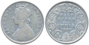 Victoria Empress, Silver ½ Rupee, 1886, Calcutta Mint, A / I / C incuse, (Prid 270). Fine+
