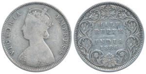 Victoria Empress, Silver ½ Rupee, 1886, Calcutta Mint, A / I / C incuse, (Prid 270). Fine.