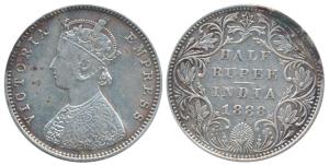 Victoria Empress, Silver ½ Rupee, 1888, Bombay Mint, A / II / No mint mark, (Prid 297). Sc