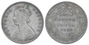 Victoria Empress, Silver ½ Rupee, 1889, Bombay Mint, A / II / B raised, (Prid 299). About 