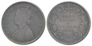 Victoria Empress, Silver ½ Rupee, 1892, Calcutta Mint, A / I / C incuse, (Prid 276). Very 