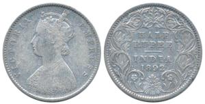 Victoria Empress, Silver ½ Rupee, 1892, Calcutta Mint, A / I / C incuse, (Prid 276). Fine.