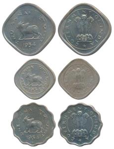 Cupro-Nickel set of 3, 2 Annas, 1 Anna and ½ Anna, 1954, Bombay Mint. Uncirculated, Scarce