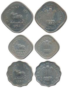 Cupro-Nickel set of 3, 2 Annas, 1 Anna and ½ Anna, 1954, Bombay Mint. Extremely Fine to Un