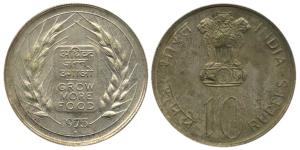 Silver Rupees 10, 1973, Grow More Food, Bombay Mint (KM 188). Toned, Uncirculated.