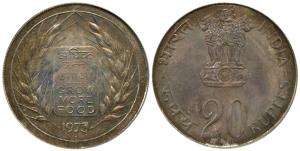 Silver Rupees 20, 1973, Grow More Food, Bombay Mint (KM 240). Toned, About Uncirculated.