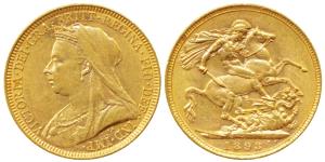 Australia, Victoria, Gold Sovereign, 8g, 1893, Veiled head, ‘M’ mint mark for Melbourne Mi
