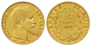 France, Napoleon III, Gold 20 Francs, 6.40g, 1859 A, Paris Mint, obv. bare head, rev. valu