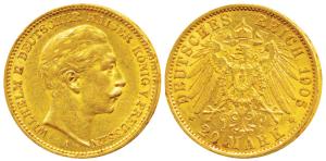 Germany, Prussia, Wihelm II, Gold 20 Mark, 8g, Berlin Mint, 1905 A. (KM 521). Very Fine+, 