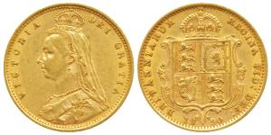 Great Britain, Victoria, Gold ½ Sovereign, 4g, 1890, Jubilee head, rev. Shield (KM 766). V