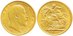 Great Britain, Edward VII, Gold Sovereign, 8g, 1904 (KM 805). Very Fine, Rare.