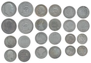 Great Britain, Edward VII, Silver Shilling (2), 1906 & 1910; Six Pence (8), Victoria (6), 