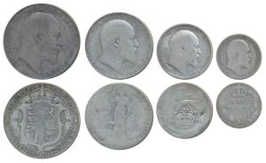 Great Britain, Edward VII, set of 4, Silver ½ Crown, Florin, Shilling & 6 Pence (KM 802, 8
