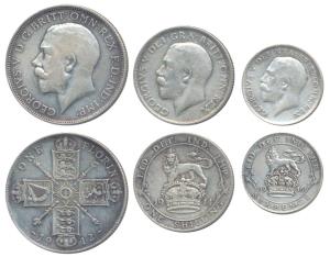 Great Britain, George V, Silver Florin, Shilling & 6 Pence, 1912, 1914 & 1916. Very Fine+.