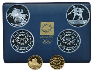 Greece, Athens Olympics, Set of 3, Gold 100 Euro, 10g, Krypte archway; Silver 10 Euro (2),