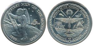 Marshall Islands, Copper Nickel 5 Dollars, 1989, rev. 20th Anniversary, First Man on the m