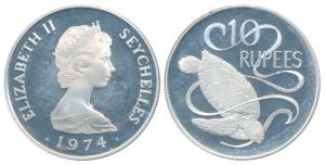 Seychelles, Silver 10 Rupees, 28.28g, 1974, Queen Elizabeth II (KM 20a). Proof.