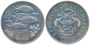 Seychelles, Silver 50 Rupees, 28.56g, 1978, Squirrel Fish and coral (KM 39). Uncirculated.