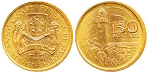 Singapore, Gold 150 Dollars, 24.89g, obv. 150th Anniversary – Founding of Singapore, rev. 