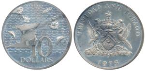 Trinidad and Tobago, Silver 10 Dollars, 10th Anniversary, 34.8g, 1975, (KM 36a). Extremely