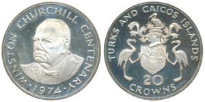 Turks and Caicos Islands, Silver 20 Crowns, 38.7g, 1974, Winston Churchill Birth Centenary
