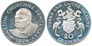 Turks and Caicos Islands, Silver 20 Crowns, 38.7g, 1974, Winston Churchill Birth Centenary