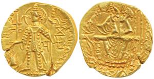 Later Kushanas, Mahi (c. 300-305 AD), Gold Dinar, 7.79g, obv. king nimbate standing left, 