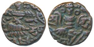 Kashmir, Dida Rani, Copper Drachma, 6.3g, obv. king standing slightly left, sacrificing ov