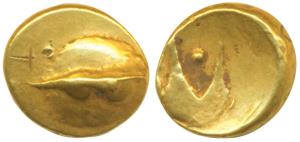 Anonymous, Hudki Gold Pagoda, 3.36g, obv.a boat like uncertain symbol; rev. possibly the G