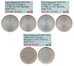 Khengarji III, Silver 5 Kori (3), with the name of George V, VS 1975/1919 AD; VS 1989/1933