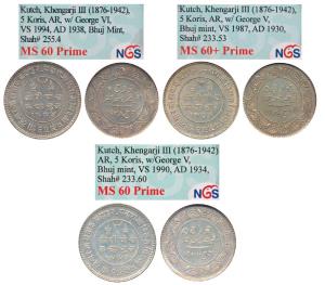Khengarji III, Silver 5 Kori (3), with the name of George V, VS 1987/1930 AD; VS 1990/1934