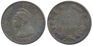 Silver Uma Rupia / Rupee, obv. liberty head to left, 1912 AD, (KM 18). Nice toning, Extrem