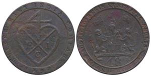 Copper Dub or 1/48 Rupee, 13g, 1794, coat of arms of the EIC on obv., bale mark on rev. En