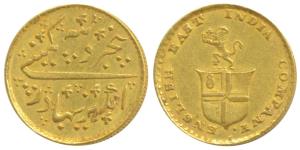 Gold Rupees 5 or 1/3 Mohur, 3.87g, obv. company arms with a lion holding a crown, rev. Per