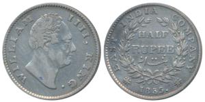 William IV, Silver ½ Rupee, 1835, Calcutta Mint, F raised, 19 Berries, (Prid 71). Very Fin