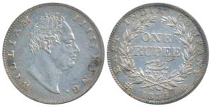 William IV, Silver Rupee, 1835, Calcutta Mint, F incuse, No dot after F, A / II, Two Leave