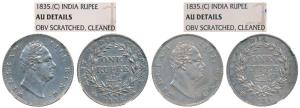 William IIII, Silver Rupee (2), 1835, Calcutta Mint, F incuse, No dot after F; RS incuse. 