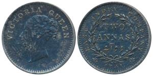 Victoria Queen, Silver 2 Annas, 1841, Continuous legend, Madras Mint, English Head, S incu