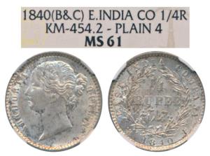 Victoria Queen, Silver ¼ Rupee, 1840, divided legend, Calcutta / Bombay Mint, WW raised, 1