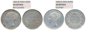 Victoria Queen, Silver Rupee (2), 1840, Continuous Legend, Bombay Mint & Calcutta Mint. Gr