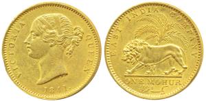Victoria Queen, Gold Mohur, 11.66g, 1841, Divided legend, WW incused on truncation, cross 