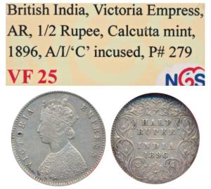 Victoria Empress, Silver ½ Rupee, 1896, Calcutta Mint, A / I / C incuse, (Prid 279). Fine.