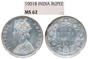 Victoria Empress, Silver Rupee, 1901, Bombay Mint, unlisted. Graded by NGC MS62.