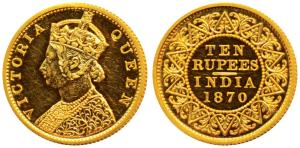 Victoria Empress, Gold Rupees 10, 1870, (Prid 29, KM 479). Superb Mint State, Proof Restri